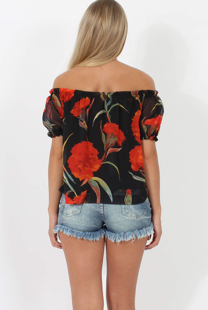Black and Red Floral Semi Sheer Off Shoulder Top - Pandora