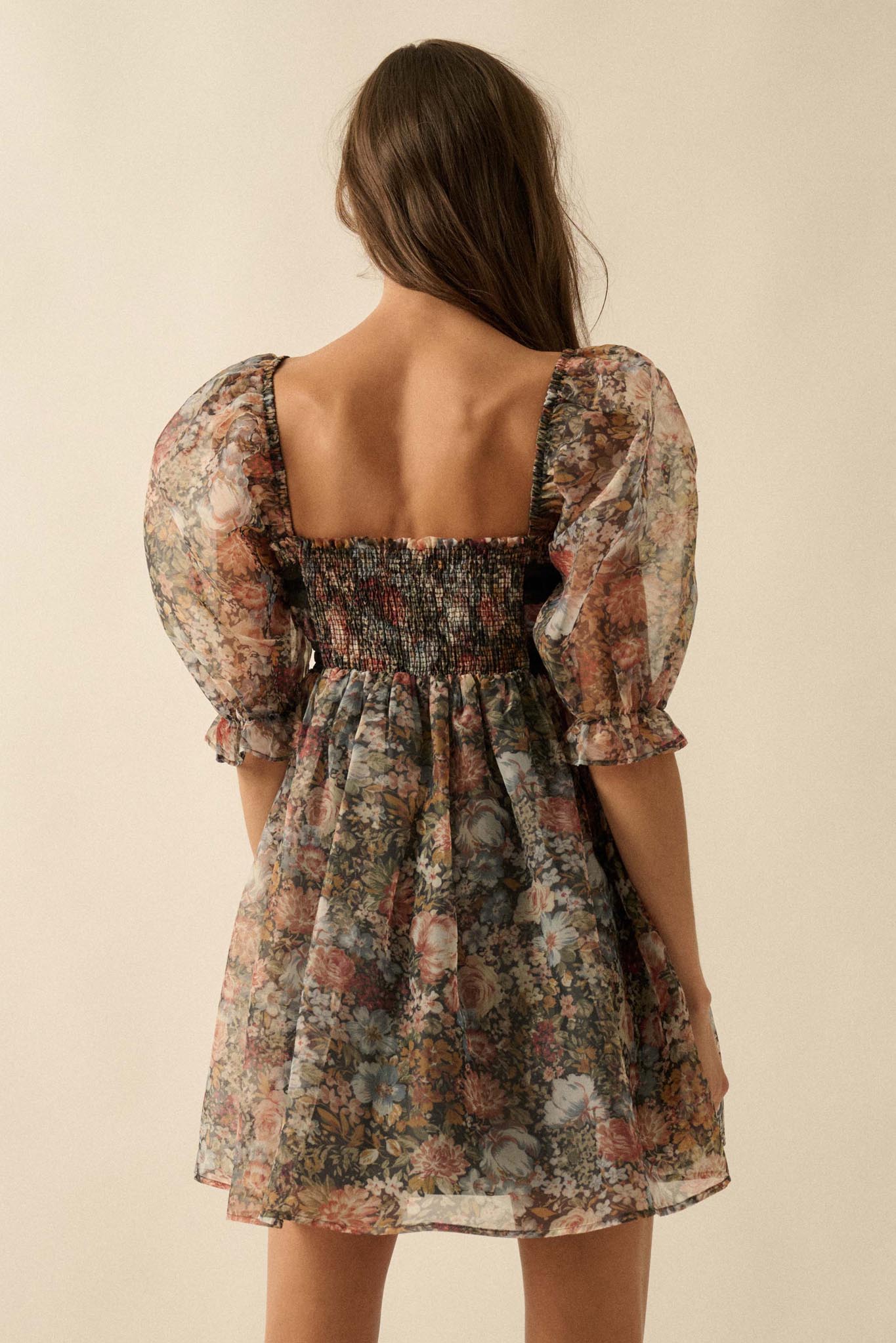 Autumn Meadow Floral Organza Babydoll Mini Dress