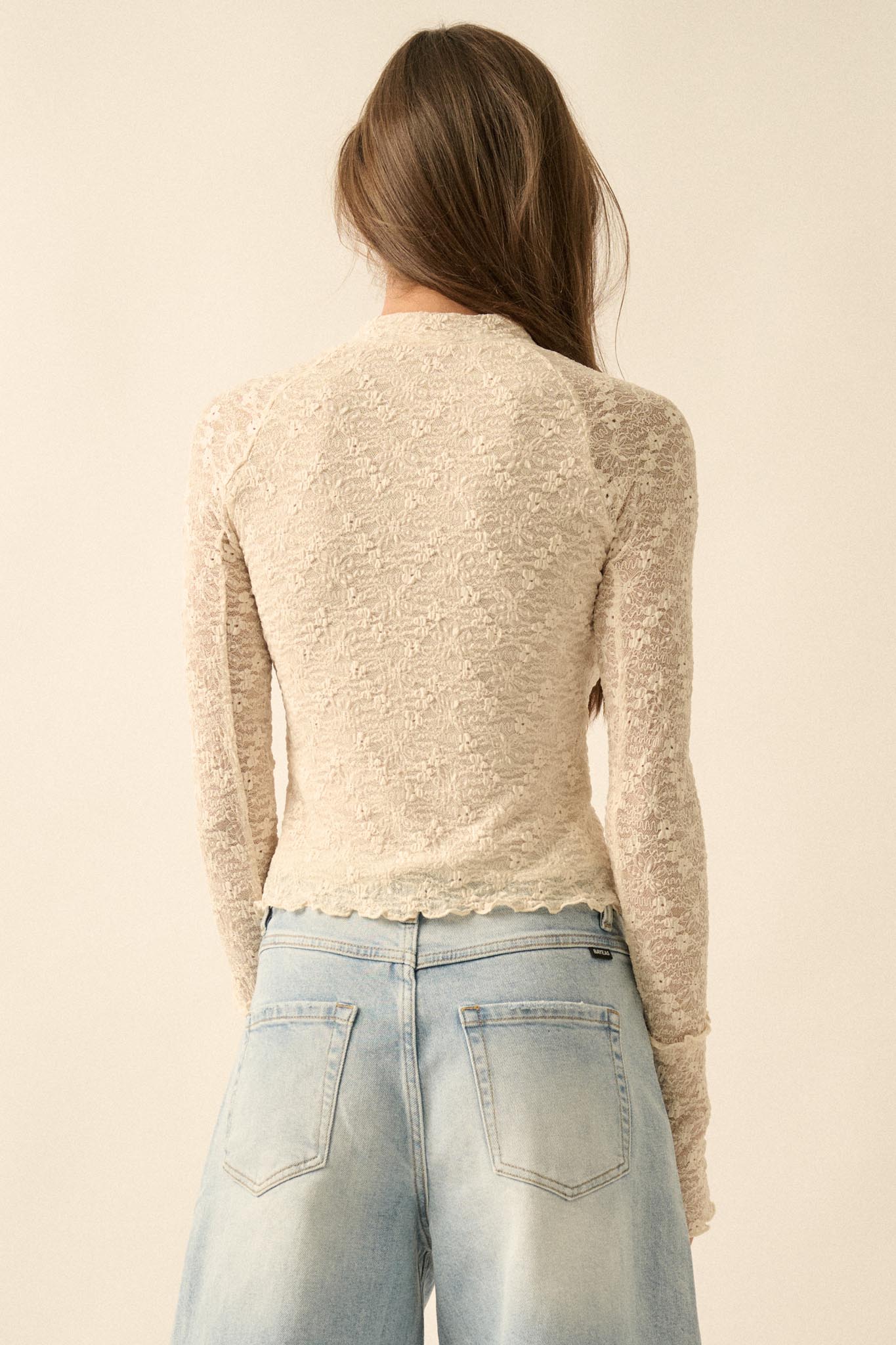 Sweetest Thing Floral Lace Mock-Neck Thumbhole Top