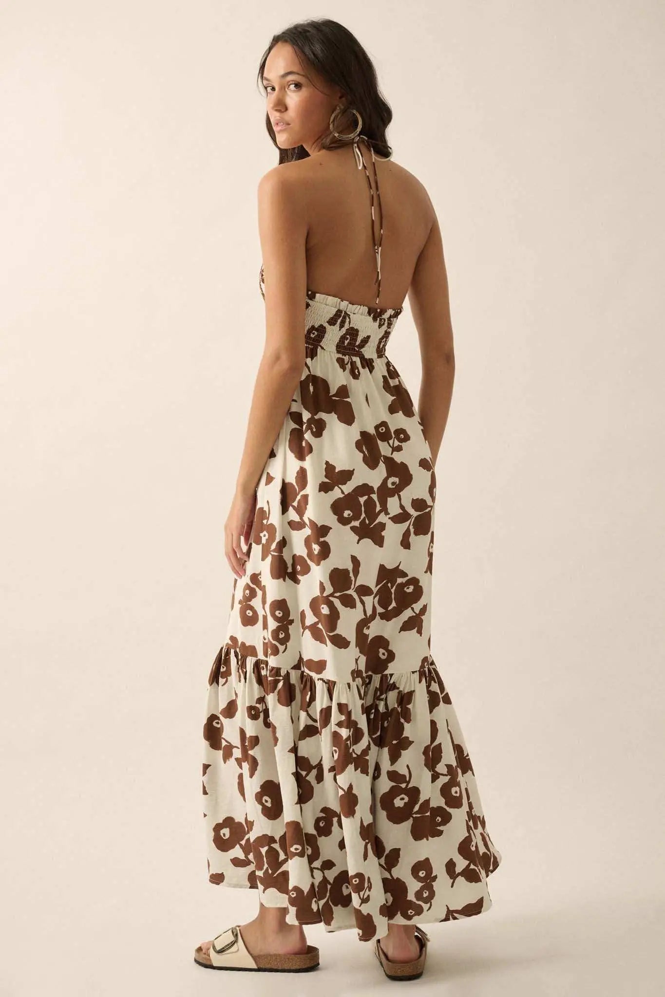 Poppy Prairie Smocked Floral Halter Maxi Dress