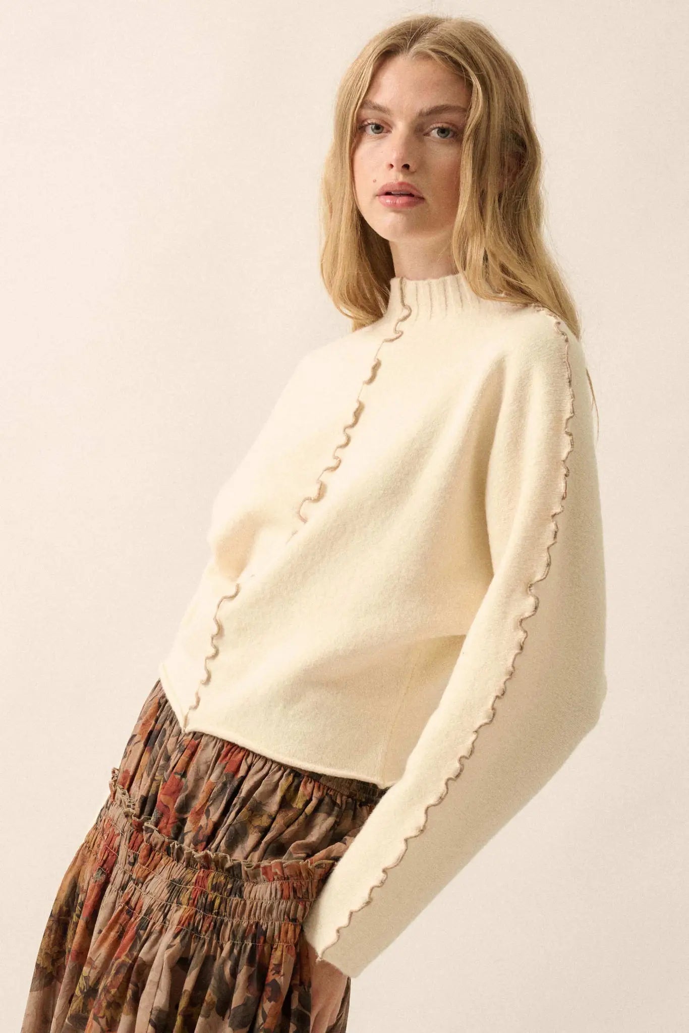 Wave Hello Lettuce-Edge Mock-Neck Sweater