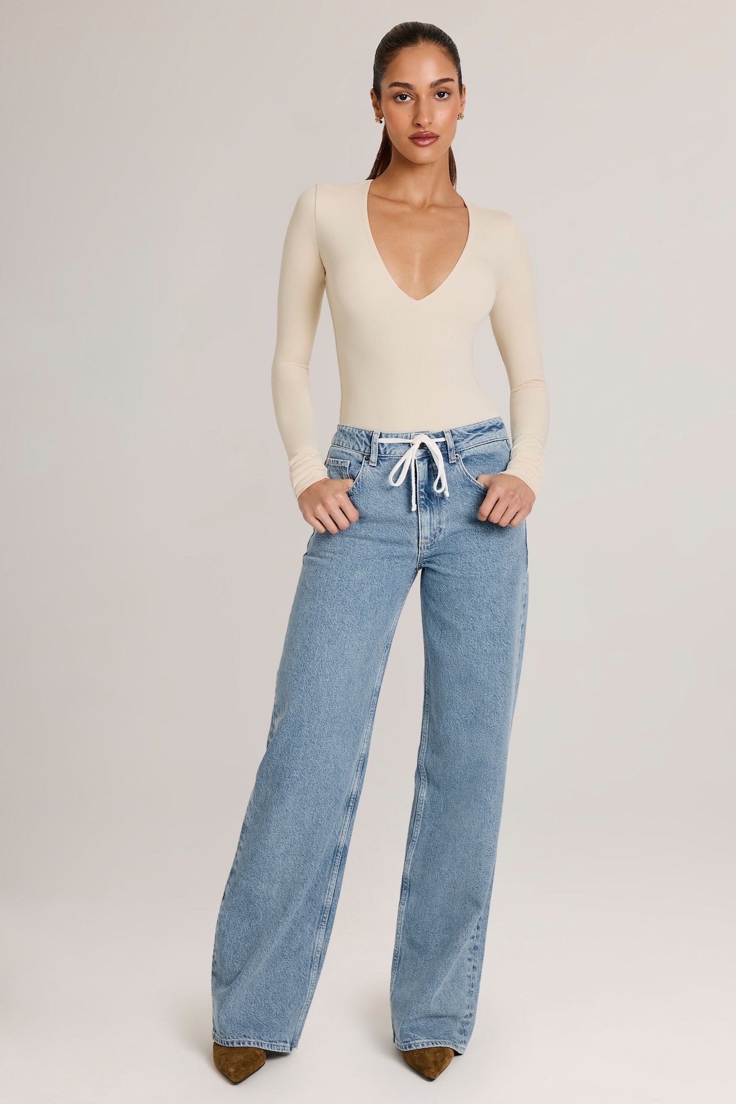 Modal Plunge Long-Sleeve Bodysuit in Ivory