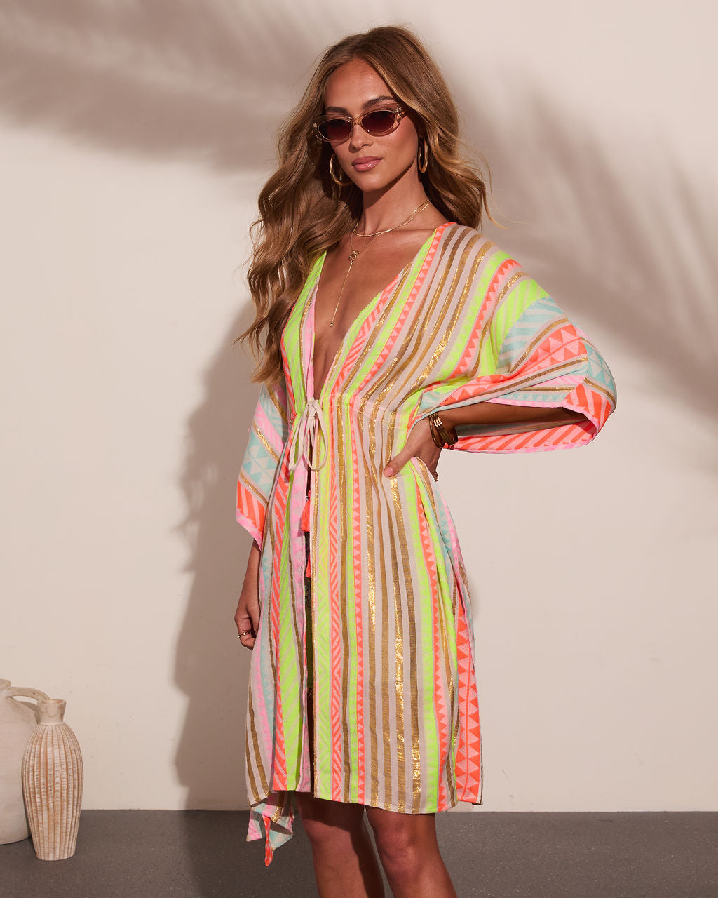 Capri Sunset Striped Abstract Drawstring Kimono