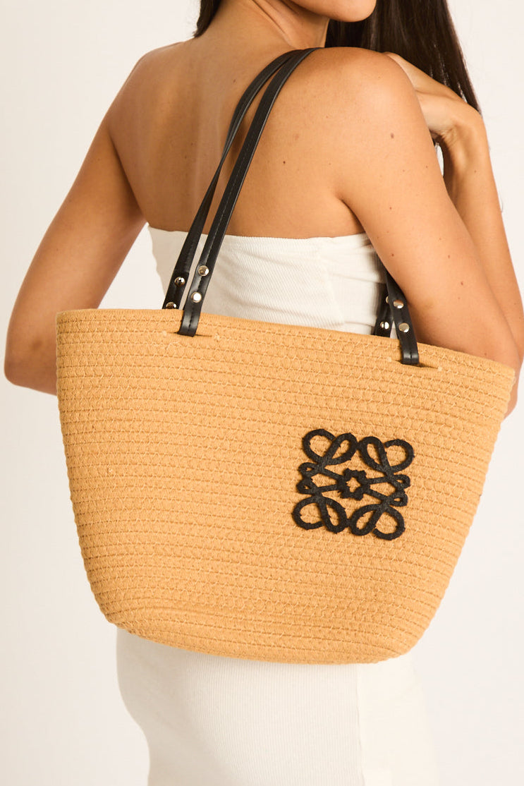 Beige Woven Logo Detail Beach Bag - Latoya
