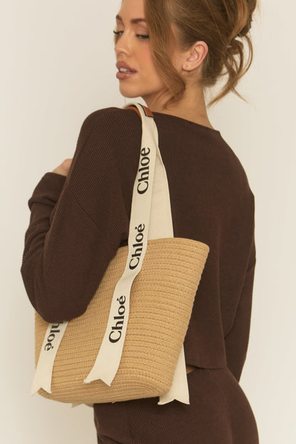 Beige Logo Detail Woven Tote Bag - Kora