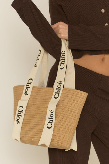 Beige Logo Detail Woven Tote Bag - Kora