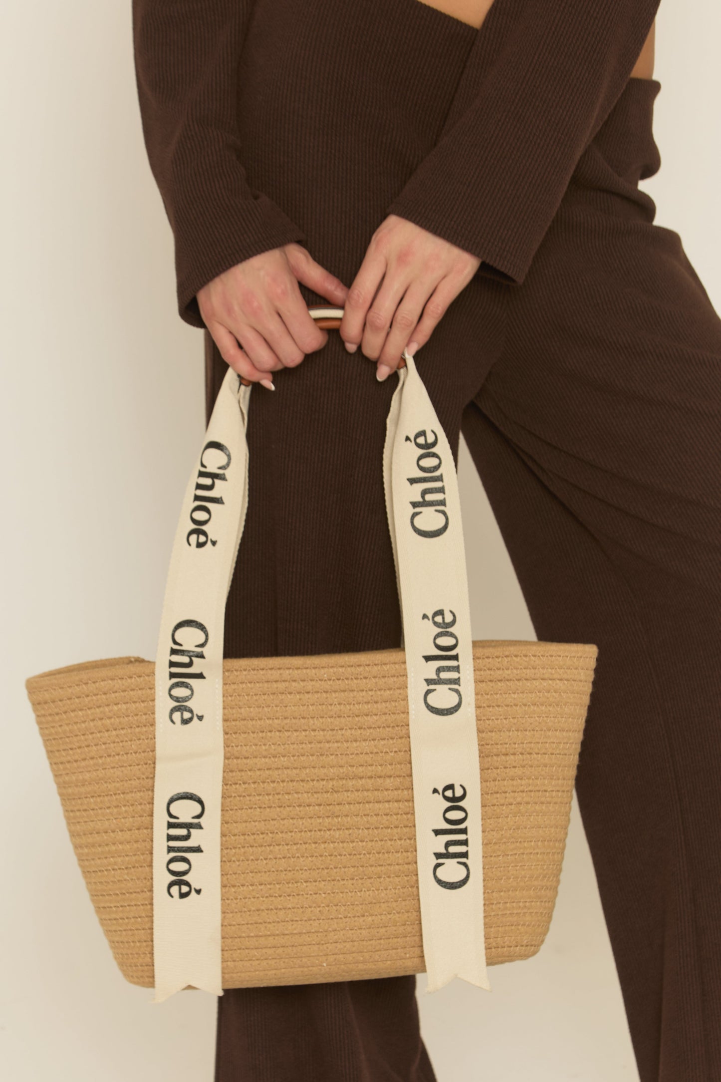 Beige Logo Detail Woven Tote Bag - Kora