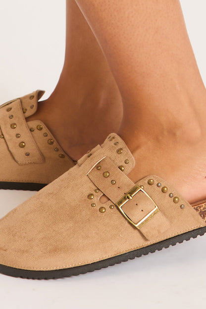 Beige Faux Suede Stud Detail Mules - Devlyn