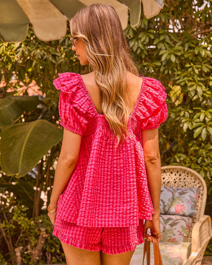 Coral Whisper Cotton Gingham Print Babydoll Top