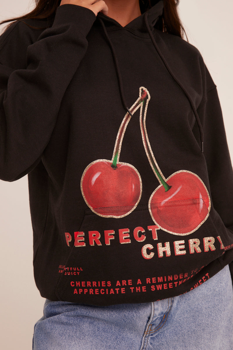 Black Cherry Print Oversized Hoodie - Molly
