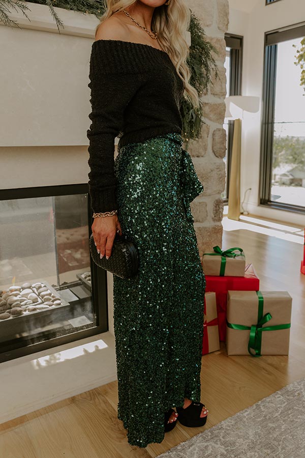 Shimmering Smile High Waist Sequin Wrap Maxi Skirt in Hunter Green