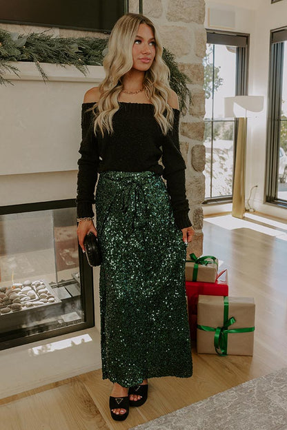 Shimmering Smile High Waist Sequin Wrap Maxi Skirt in Hunter Green