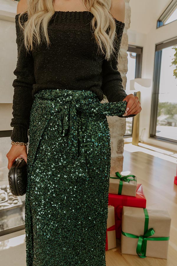 Shimmering Smile High Waist Sequin Wrap Maxi Skirt in Hunter Green