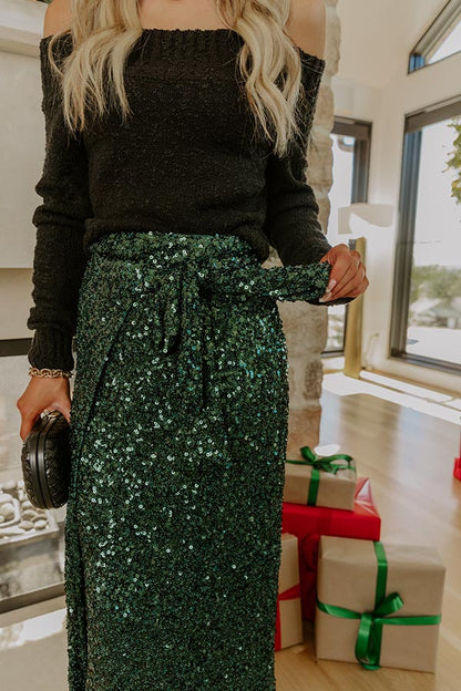 Shimmering Smile High Waist Sequin Wrap Maxi Skirt in Hunter Green