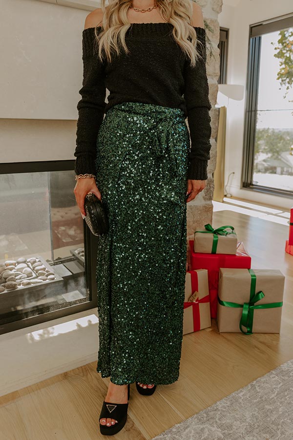 Shimmering Smile High Waist Sequin Wrap Maxi Skirt in Hunter Green