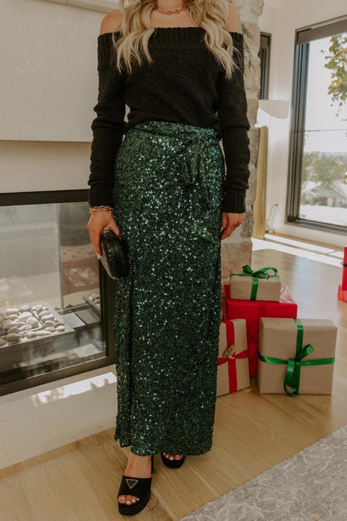 Shimmering Smile High Waist Sequin Wrap Maxi Skirt in Hunter Green