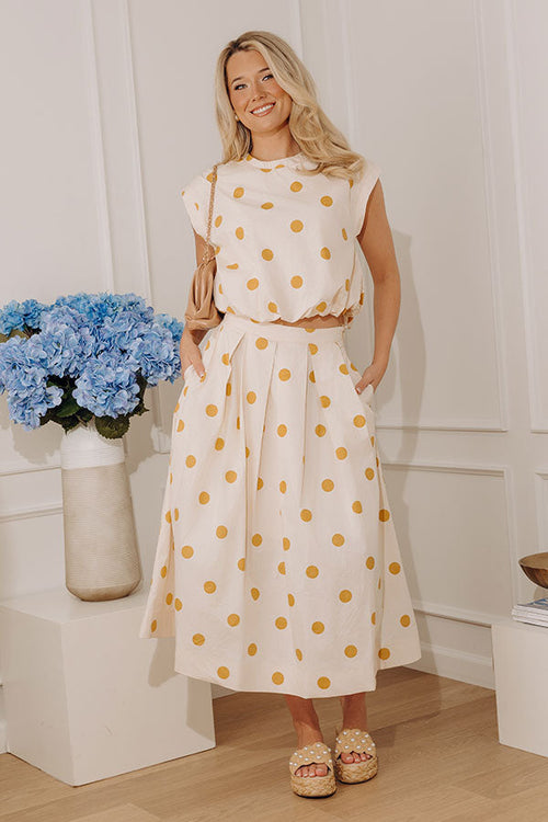 Bistro Charm High Waist Polka Dot Midi Skirt