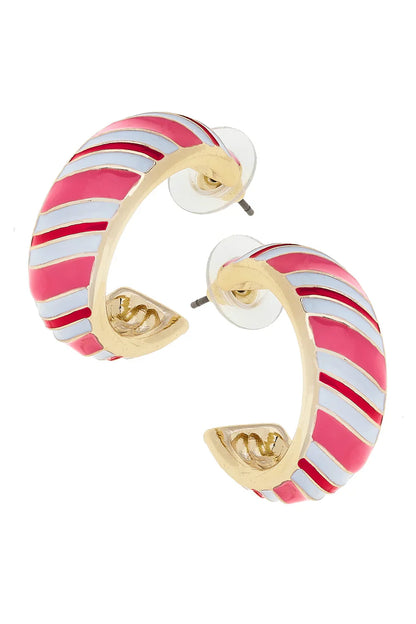 Canvas Candy Cane Stripped Enamel Hoop Earrings