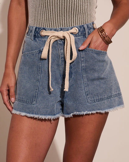 Anelle Drawstring High Rise Denim Shorts