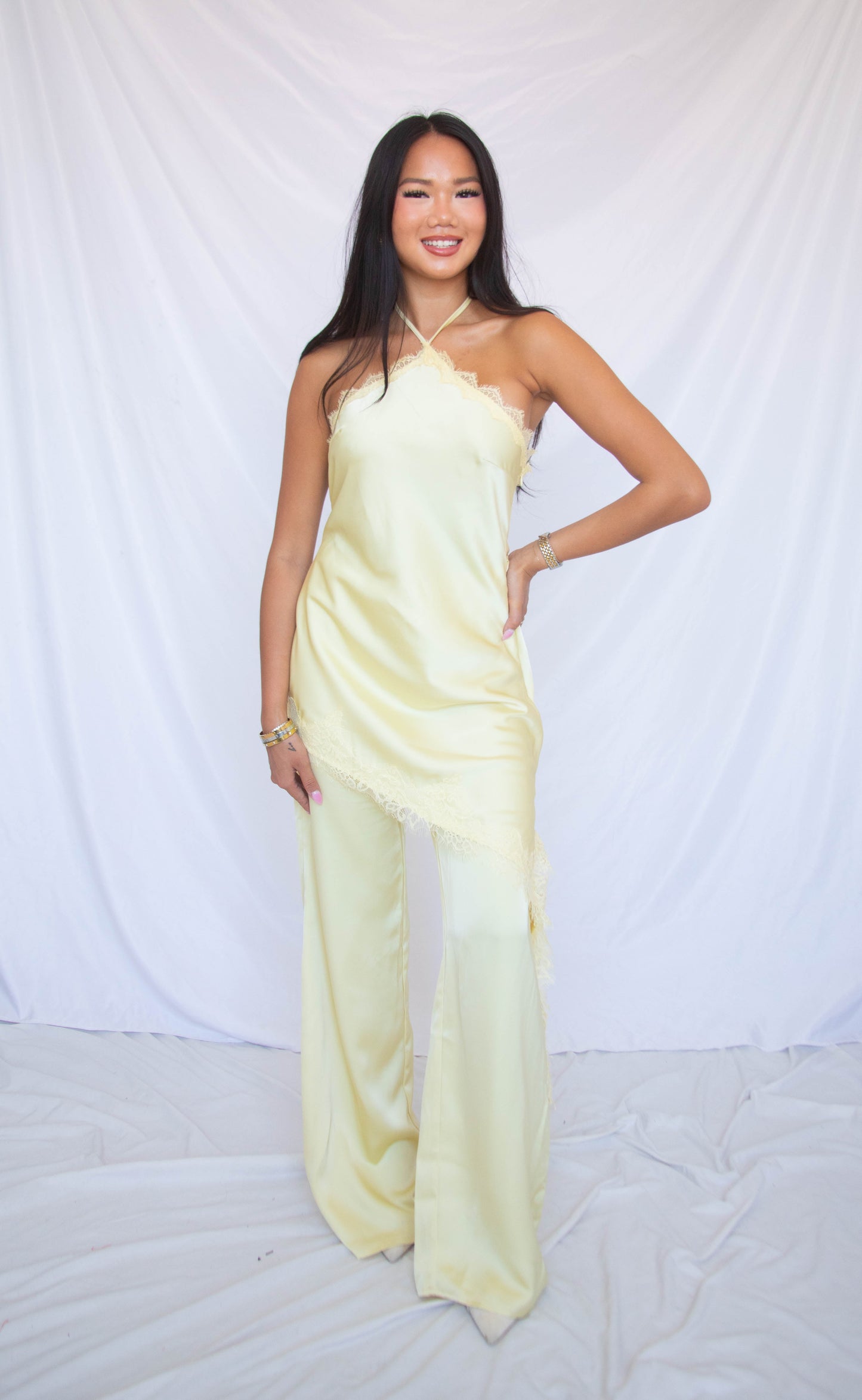 champagne toast satin halter jumpsuit