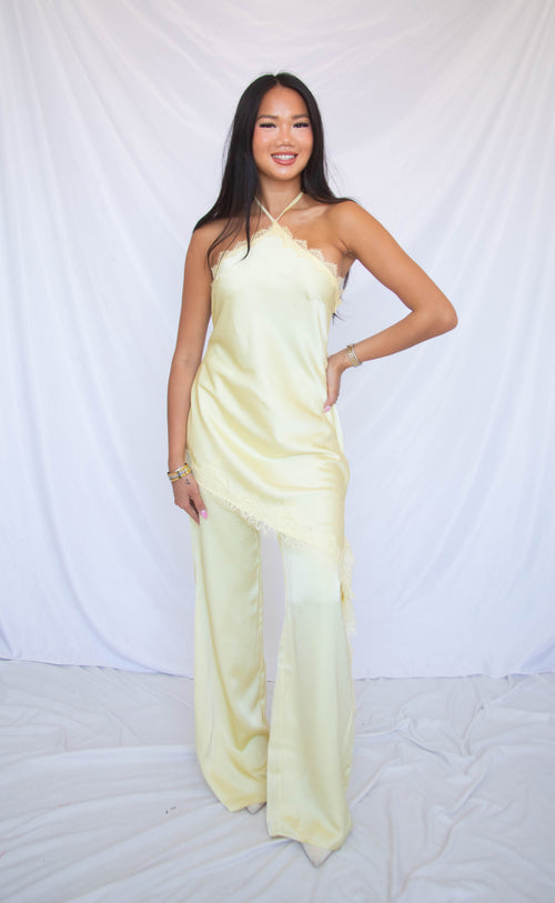 champagne toast satin halter jumpsuit