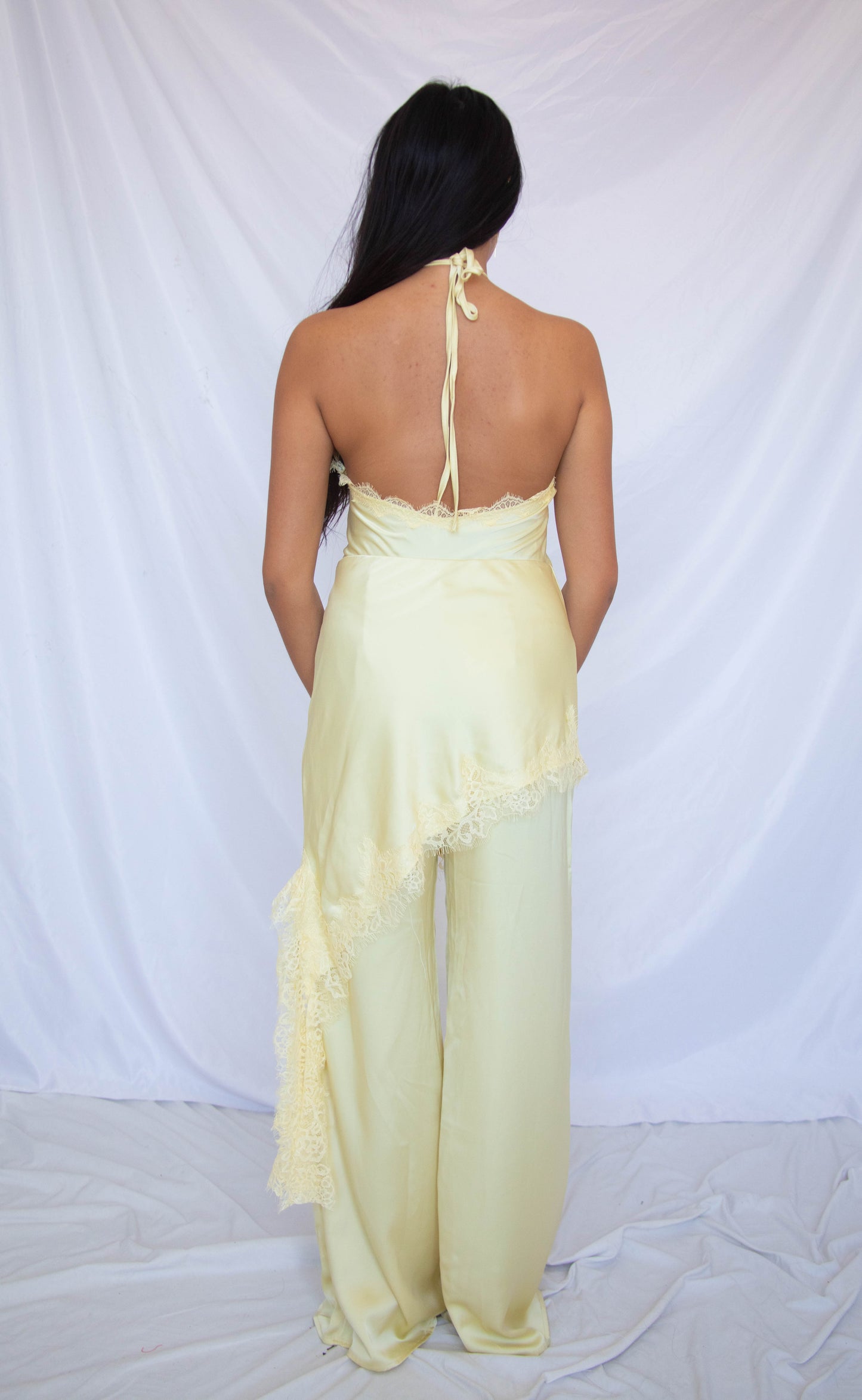 champagne toast satin halter jumpsuit