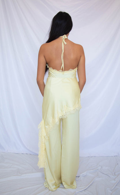 champagne toast satin halter jumpsuit