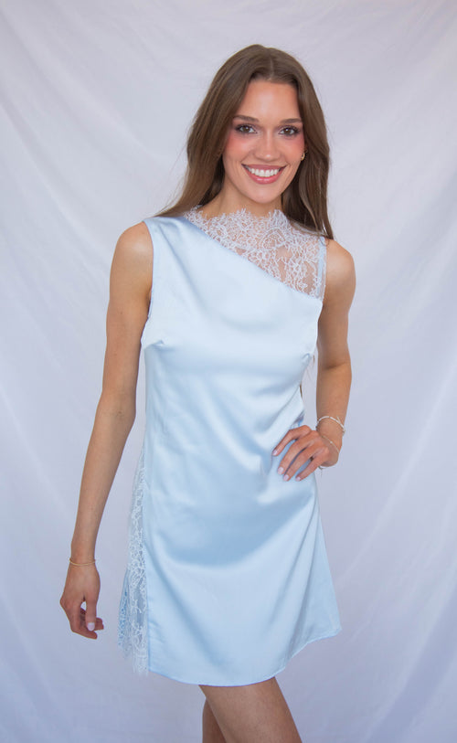 contrast lace mini dress - blue