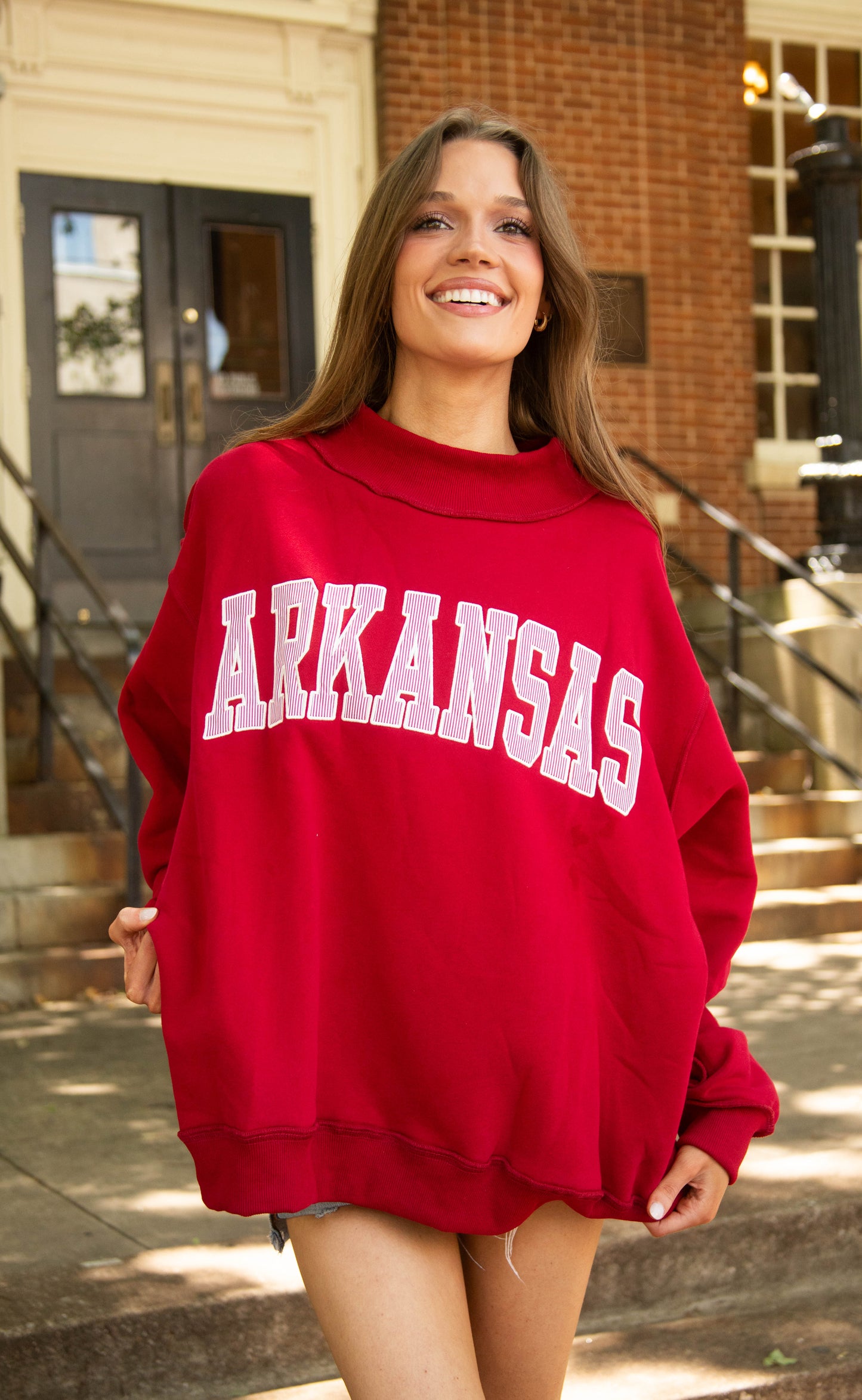 arkansas crimson embroidered mock neck