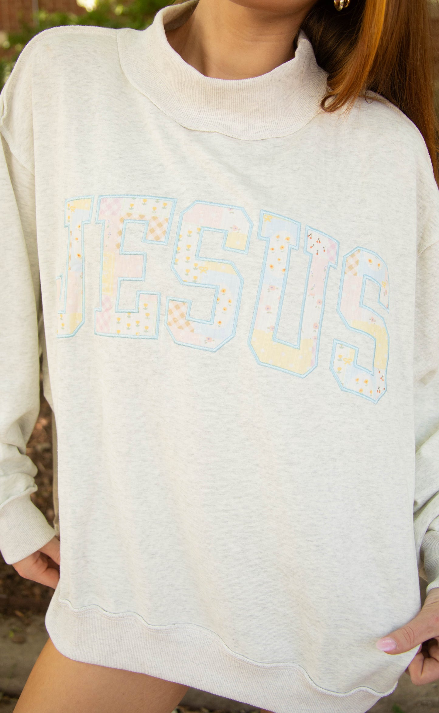 patchwork Jesus embroidered mock neck
