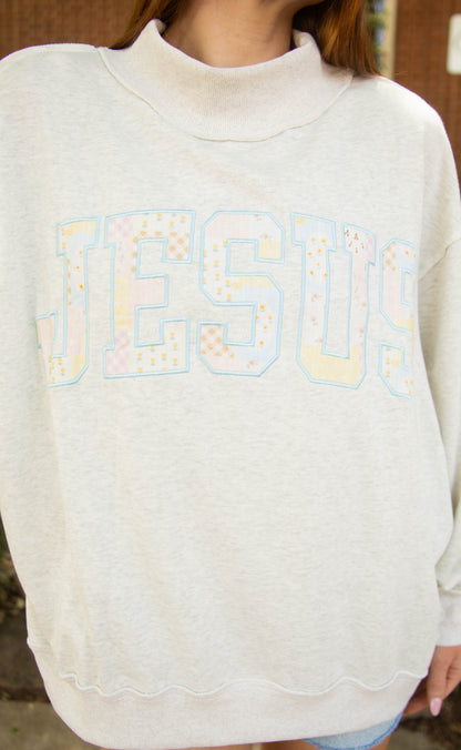 patchwork Jesus embroidered mock neck