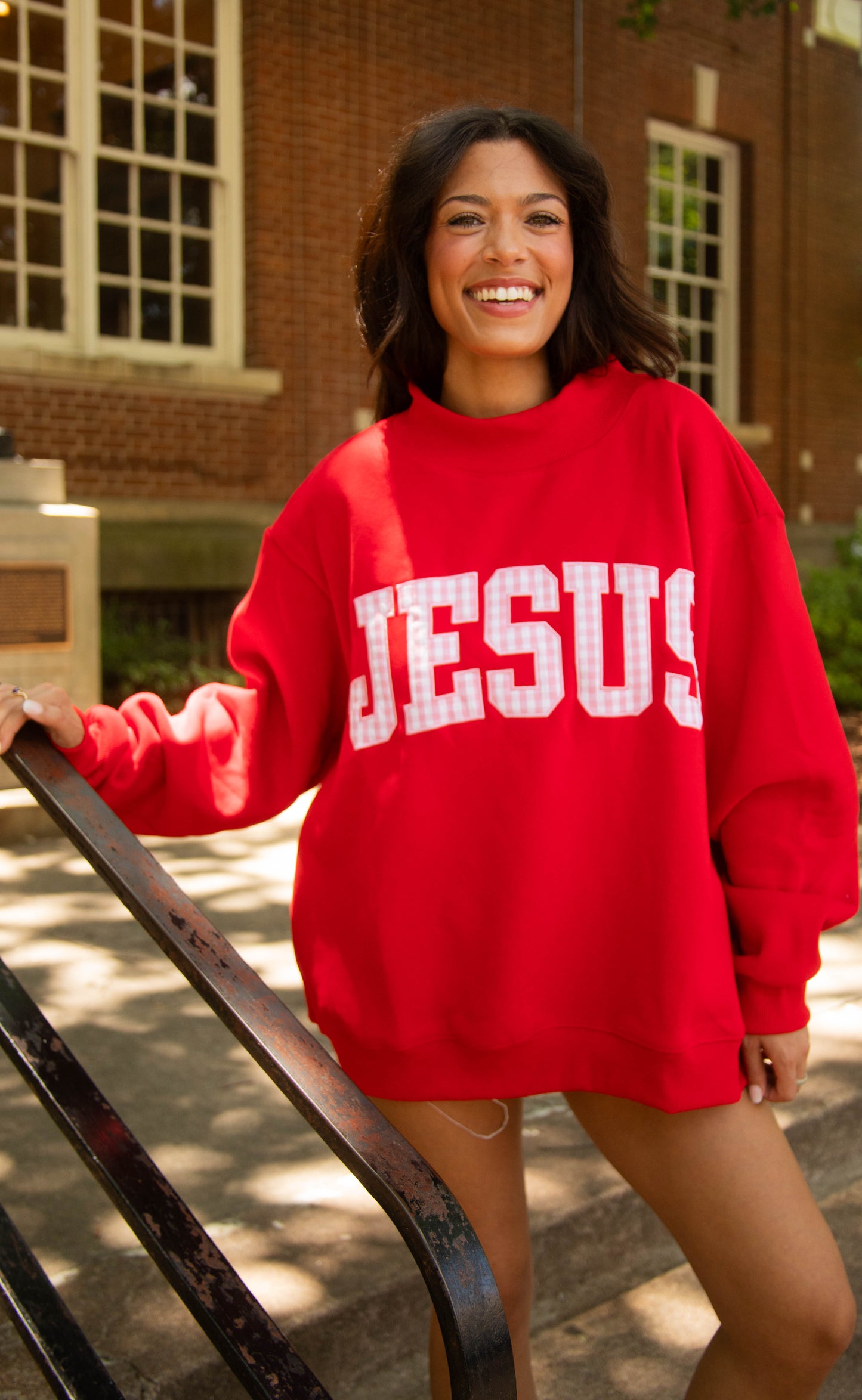 gingham Jesus embroidered mock neck