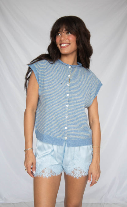 our hearts are free cardigan - dusty blue stripe