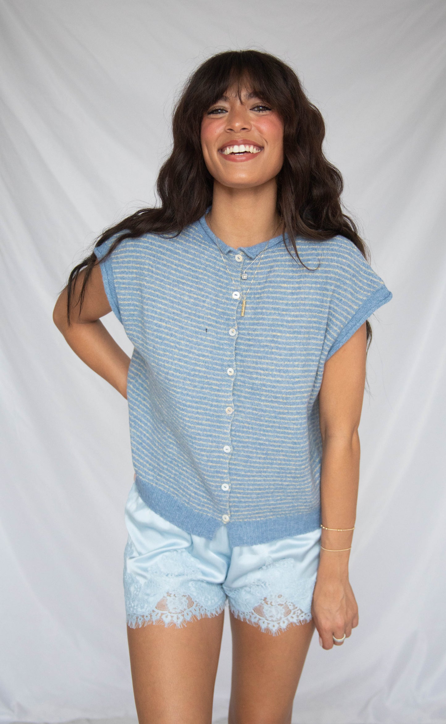our hearts are free cardigan - dusty blue stripe