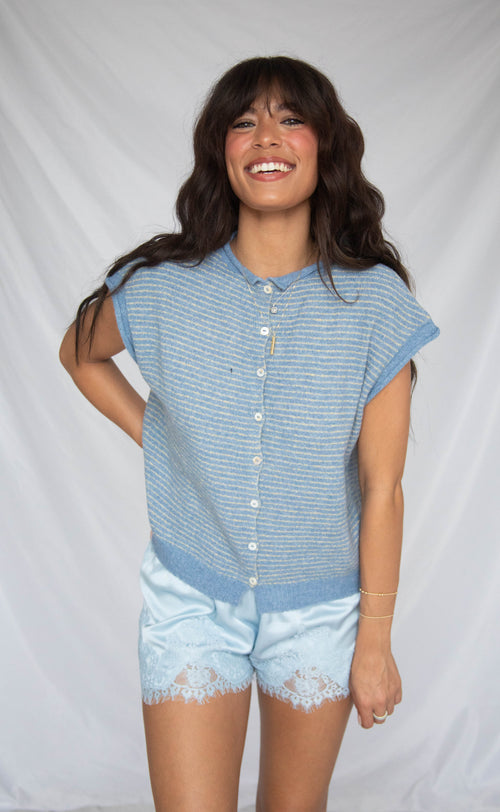 our hearts are free cardigan - dusty blue stripe