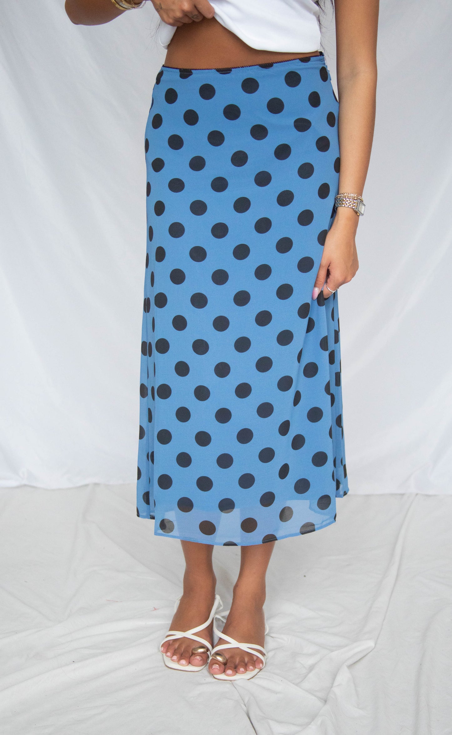 out and about sheer dot midi skirt