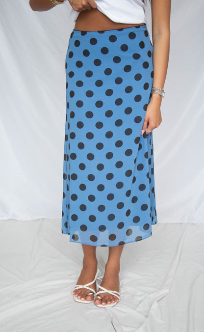out and about sheer dot midi skirt