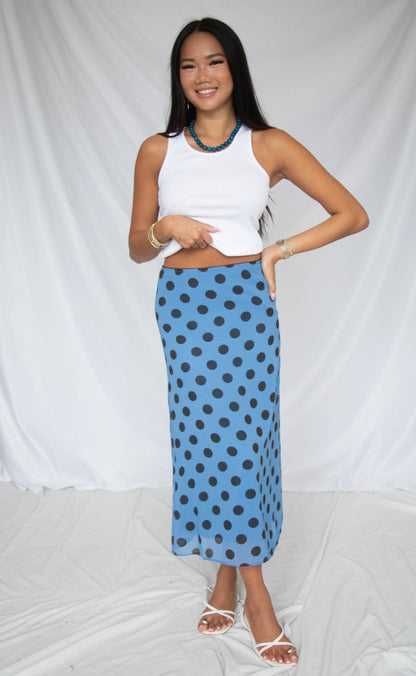 out and about sheer dot midi skirt