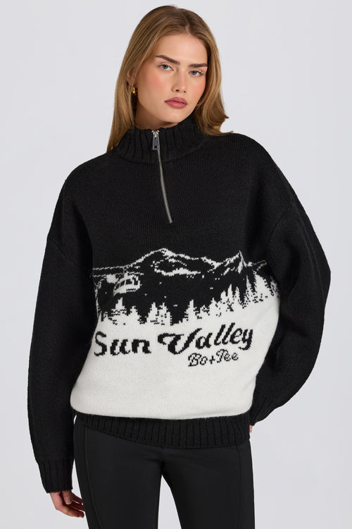 Knit Quarter-Zip Turtleneck Oversized Jumper in Black