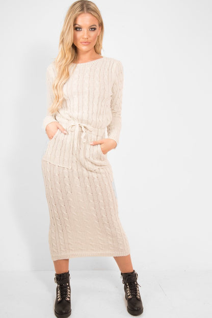 Beige Cable Knit Drawstring Waist Dress - Rhea