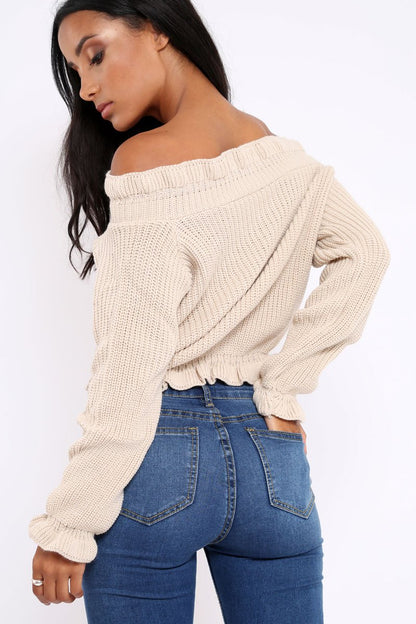 Beige Knitted Ruffle Jumper with Elasticated hems - Eve