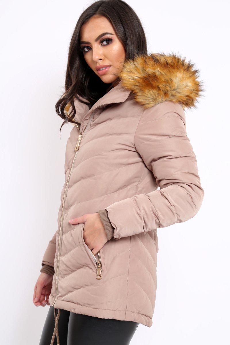 Beige Padded Coat With Faux Fur Trim Hood - Jocelyn