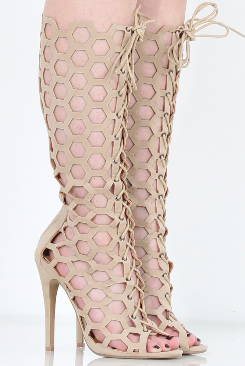 Beige Peep Toe Lace Up Heels - Honey