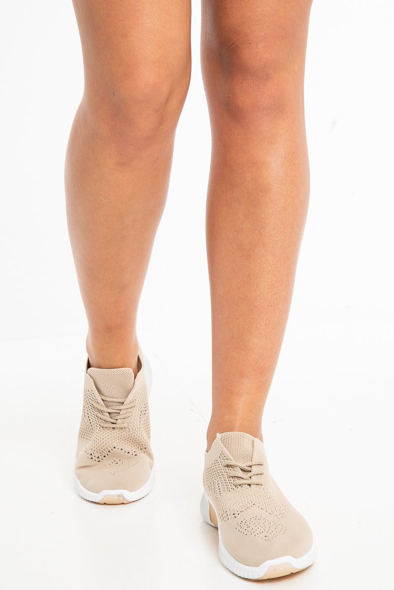 Beige Sock Fit Slip On Lace Trainers - Aleya