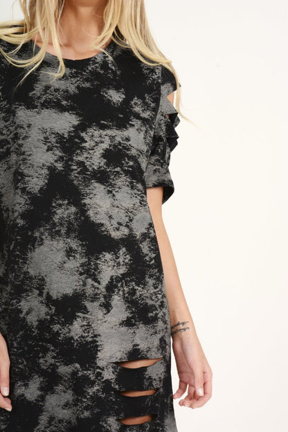 Black Acid Wash Distressed T-Shirt Dress - Sonja