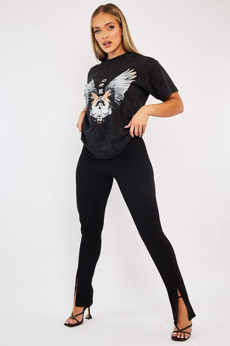 Black Acid Wash Wing Printed T-shirt - Itzia