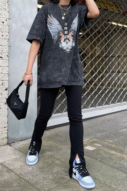 Black Acid Wash Wing Printed T-shirt - Itzia