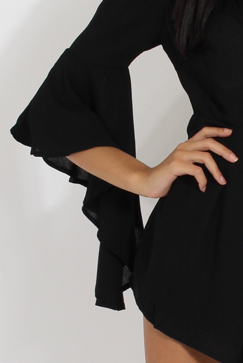 Black Bardot Cropped Bell Sleeve Playsuit - Fabiana