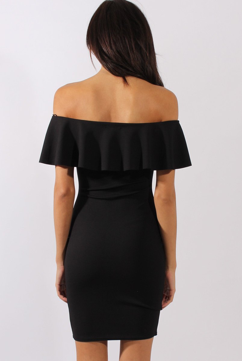 Black Bardot Frill Embroidered Dress - Jasmine