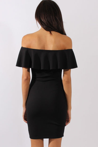 Black Bardot Frill Embroidered Dress - Jasmine